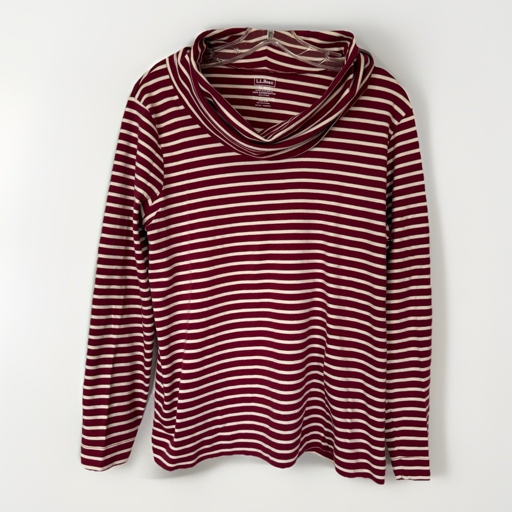 L.L.Bean XL Supima Cotton Red White Stripe Cowl Neck Top Womens Stretch 298343